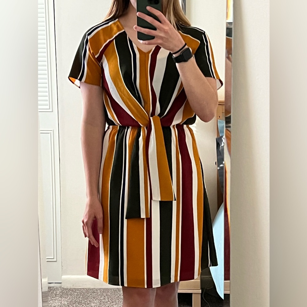 Vertical Stripe Knee Length Dress with Tie